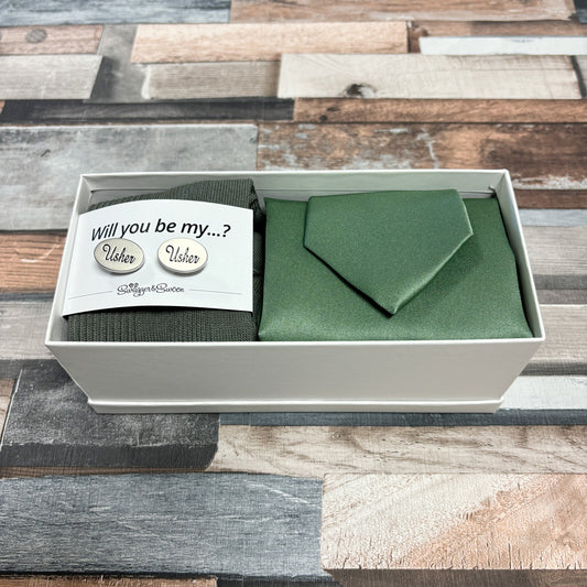 Dark Sage Tie Set and Sock Gift Box