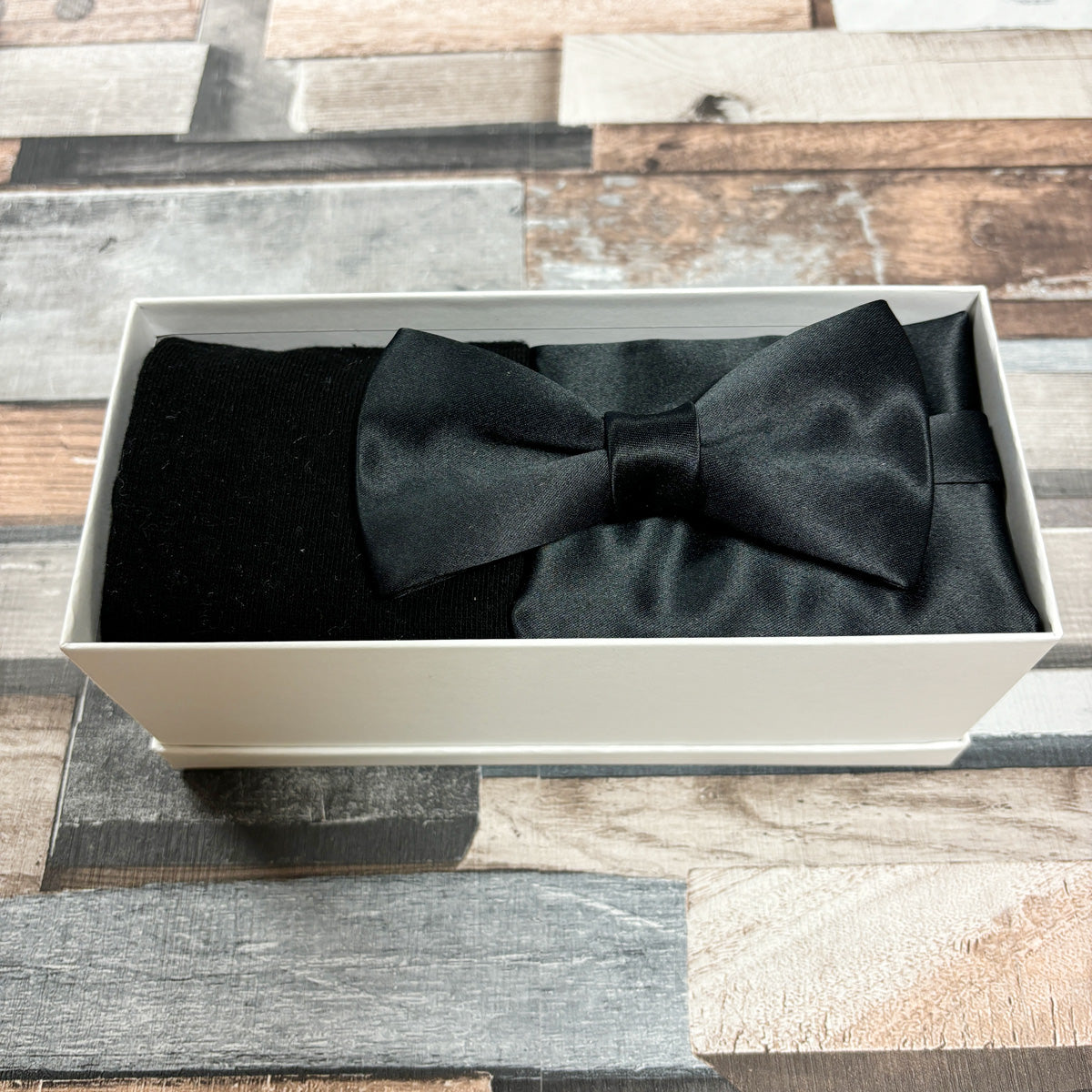 Black Satin Bow Tie & Socks Boxed Gift Set