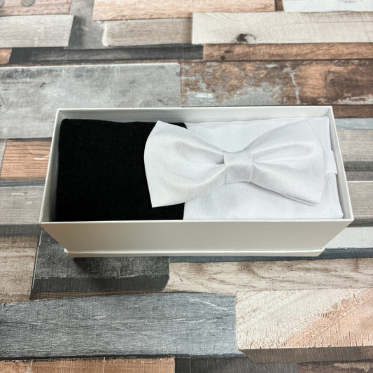 White Satin Bow Tie & Socks Boxed Gift Set