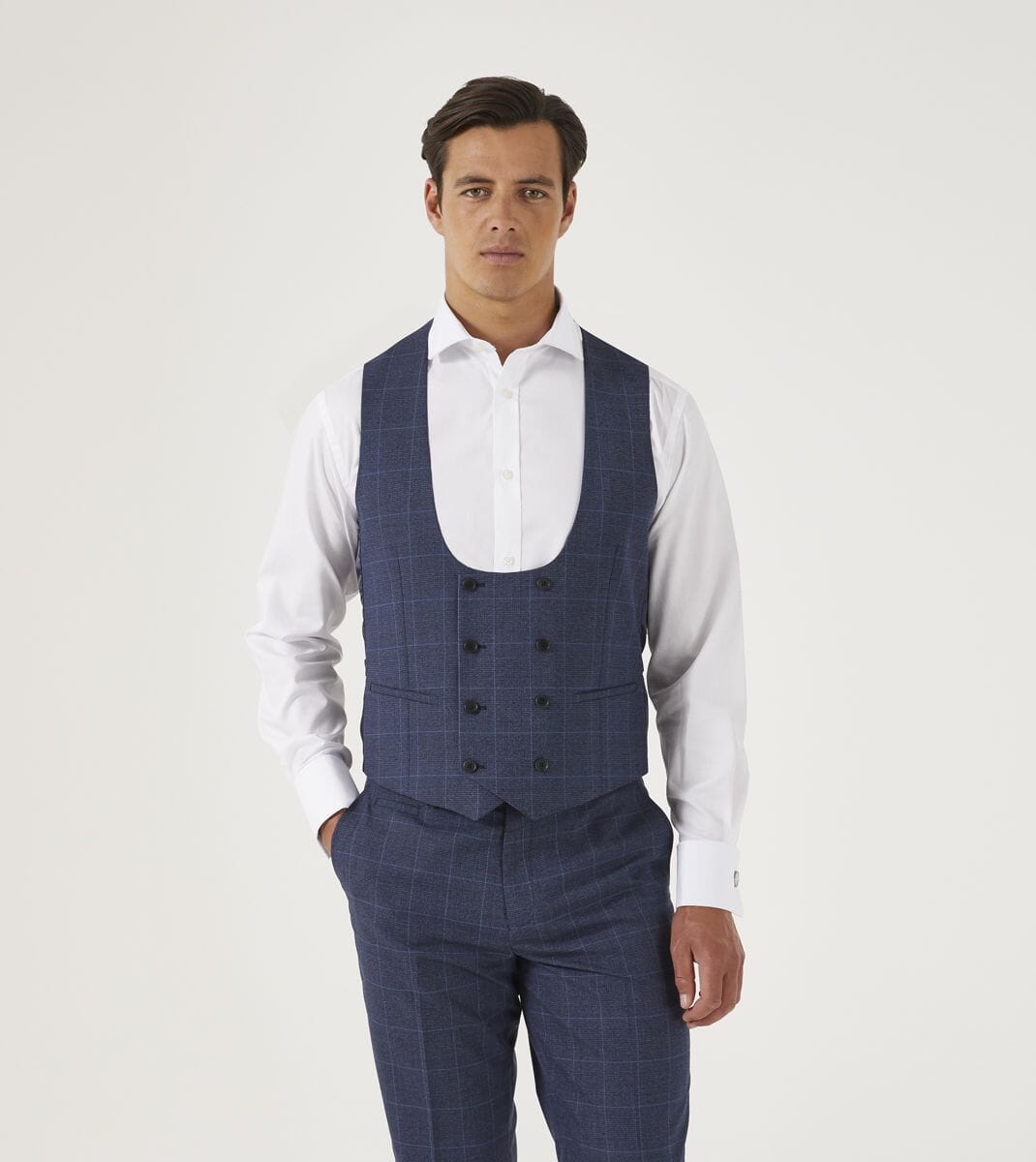 Anello Blue Prince Of Wales Check Waistcoat - Waistcoats - 34R - Double Breasted - Swagger & Swoon