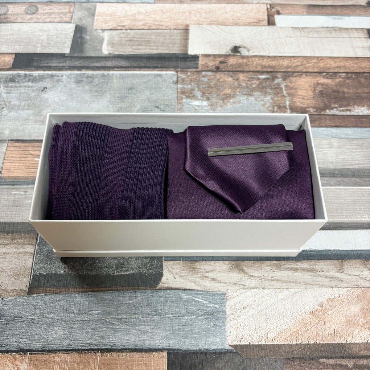 Aubergine Boxed Gift Set - Gift Sets - Regular Tie with Socks & Pocket Square - Boxed Set with Tie Bar - Save £7.50 - Swagger & Swoon