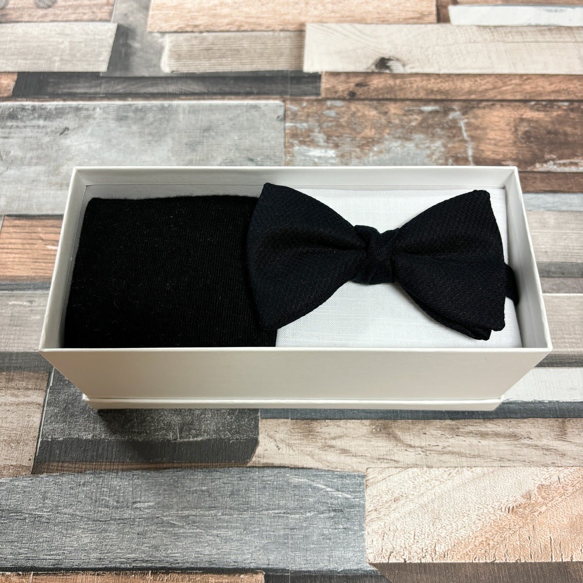 Black Marcella Bow Tie & Socks Boxed Gift Set - Gift Sets - Pre - Tie Bow Tie with Socks & Pocket Square - Swagger & Swoon