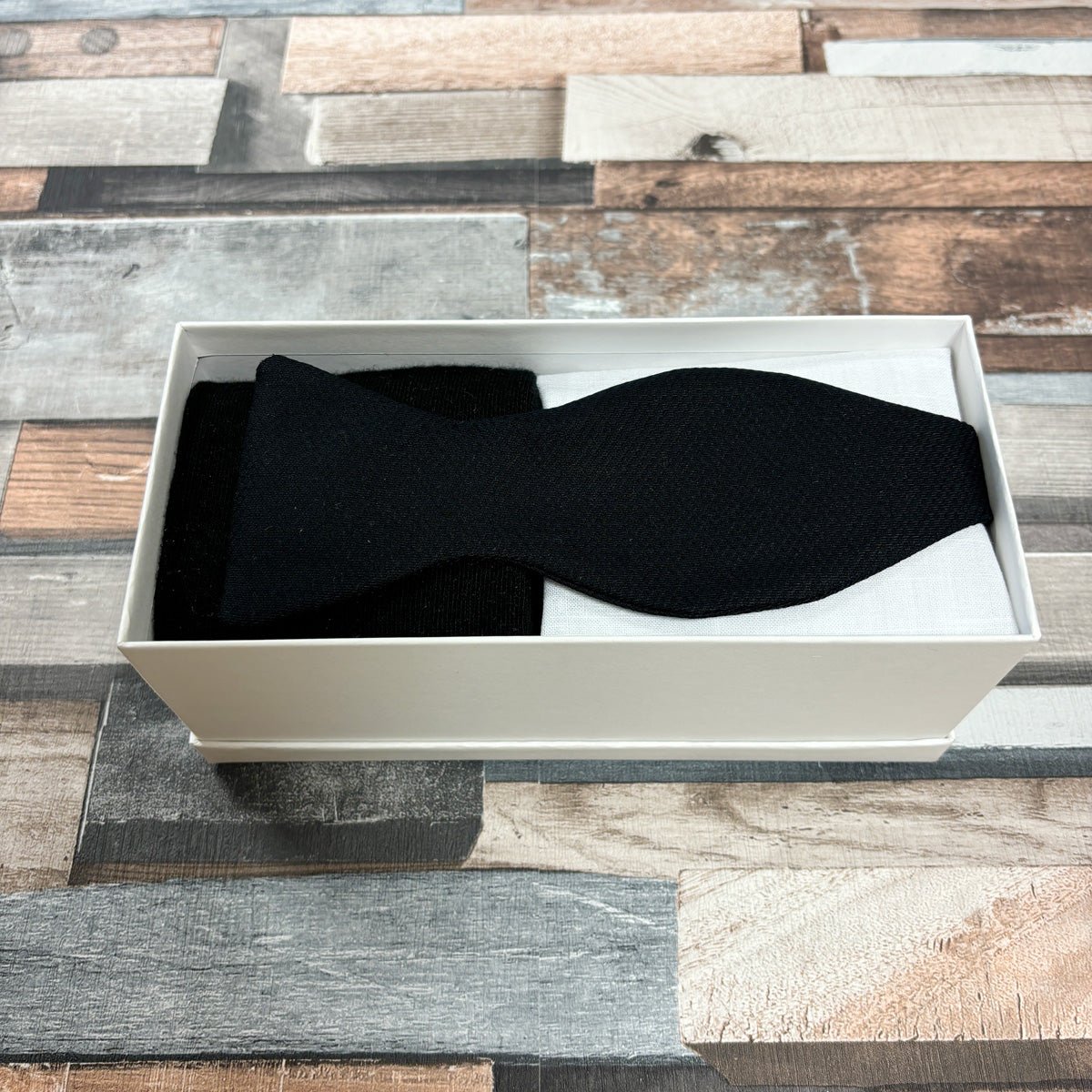 Black Marcella Bow Tie & Socks Boxed Gift Set - Gift Sets - Self - Tie Bow Tie with Socks & Pocket Square - Swagger & Swoon