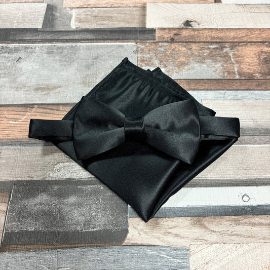 Black Satin Bow Tie - Gift Sets - Pre - Tied Bow Tie - Add Pocket Square - Save £1.00 - Swagger & Swoon