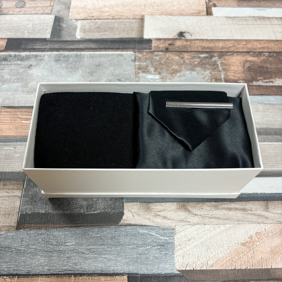 Black Satin Tie & Socks Boxed Gift Set - Gift Sets - Regular Tie with Socks & Pocket Square - Boxed Set With Tie Bar - Swagger & Swoon