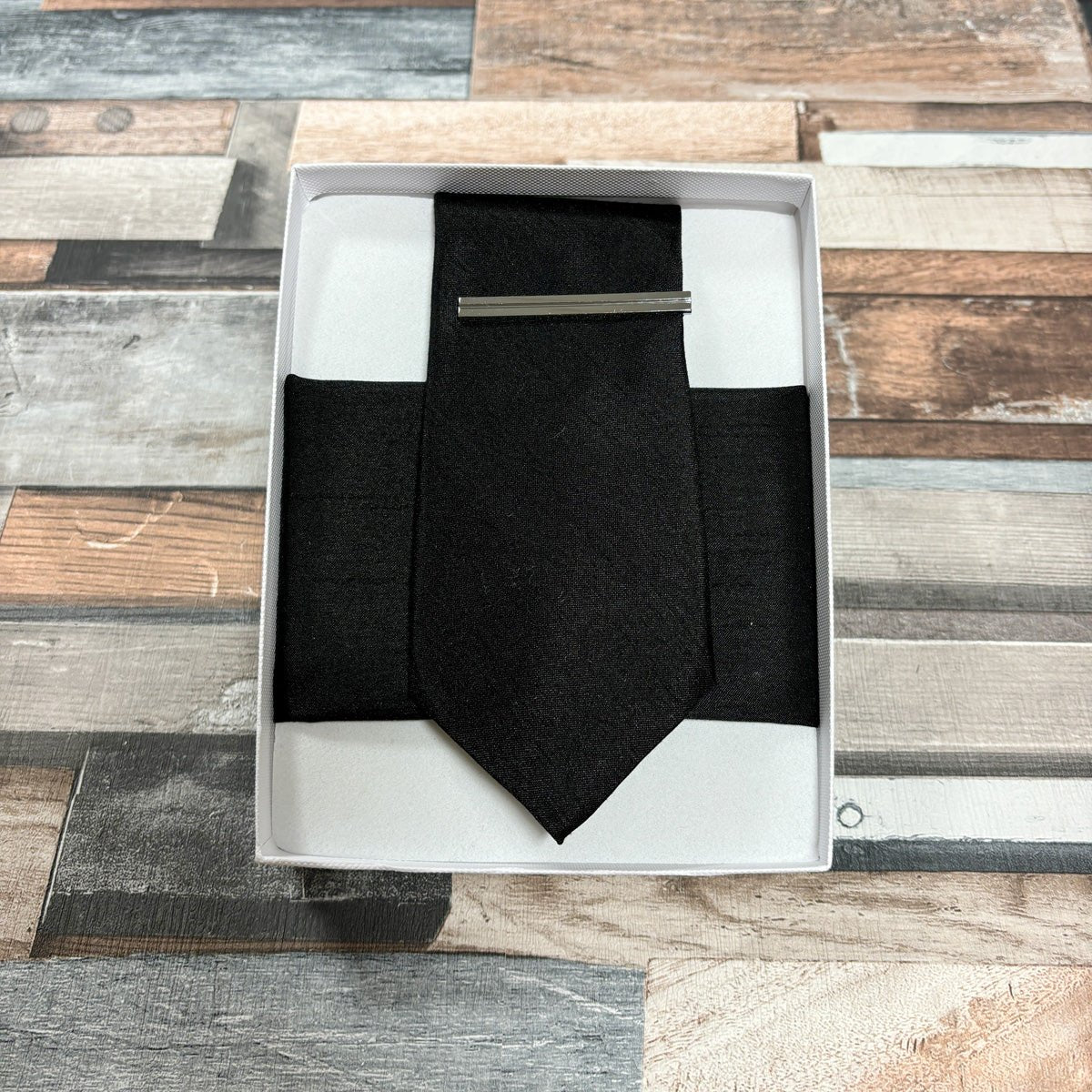 Black Shantung Tie - Gift Sets - Regular Tie - Boxed Set (With Tie/Square/Bar) - Save £5.00 - Swagger & Swoon