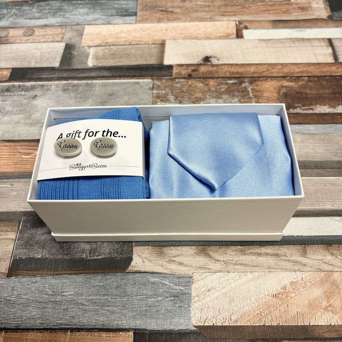 Blue Daisy Boxed Gift Set - Gift Sets - Regular Tie with Socks & Pocket Square - Boxed Set with Cufflinks - Save £10 - Swagger & Swoon