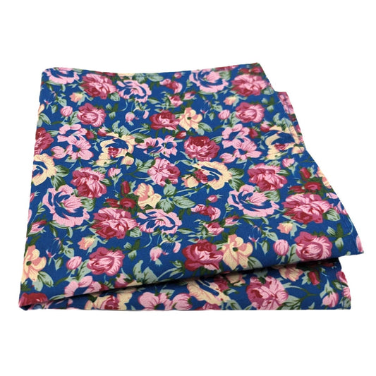 Blue & Pink Blossom Cotton Pocket Square - Wedding Pocket Square - Swagger & Swoon