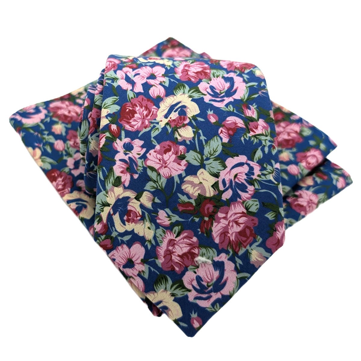 Blue & Pink Blossom Cotton Pocket Square - Wedding Pocket Square - Swagger & Swoon