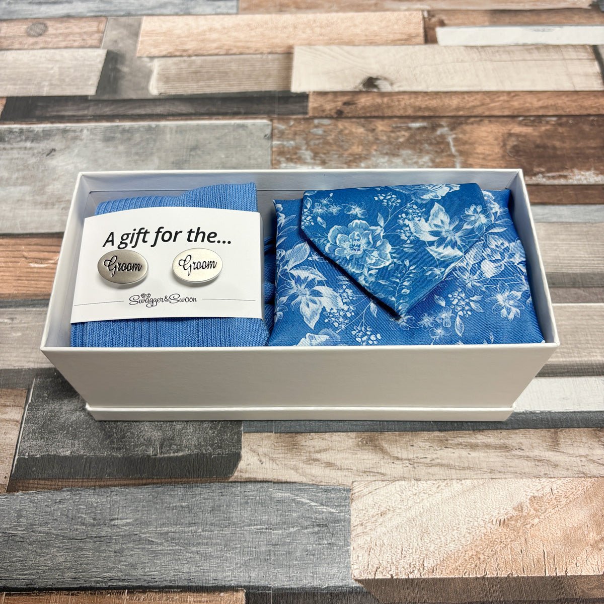 Blue Summer Rose Boxed Gift Set - Regular Tie with Socks & Pocket Square - Boxed Set with Cufflinks - Save £10 - Swagger & Swoon