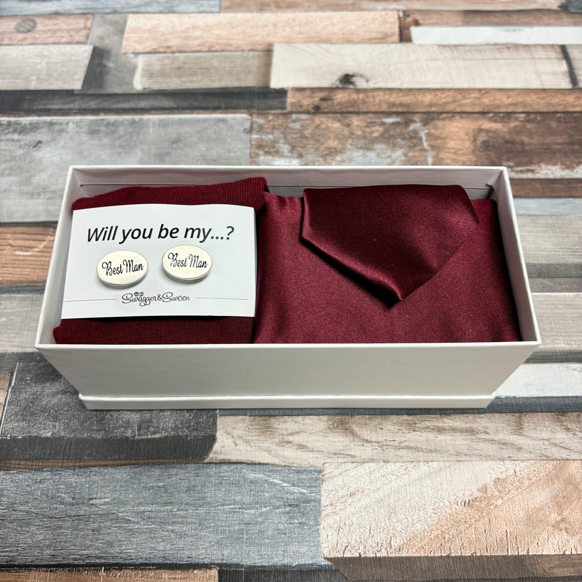 Burgundy Boxed Gift Set - Gift Sets - Regular Tie with Socks & Pocket Square - Boxed Set with Cufflinks - Save £10 - Swagger & Swoon