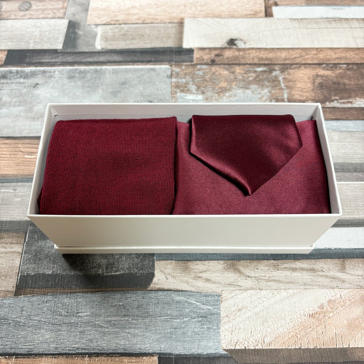 Burgundy Boxed Gift Set - Gift Sets - Regular Tie with Socks & Pocket Square - Boxed Set - Save £5.00 - Swagger & Swoon