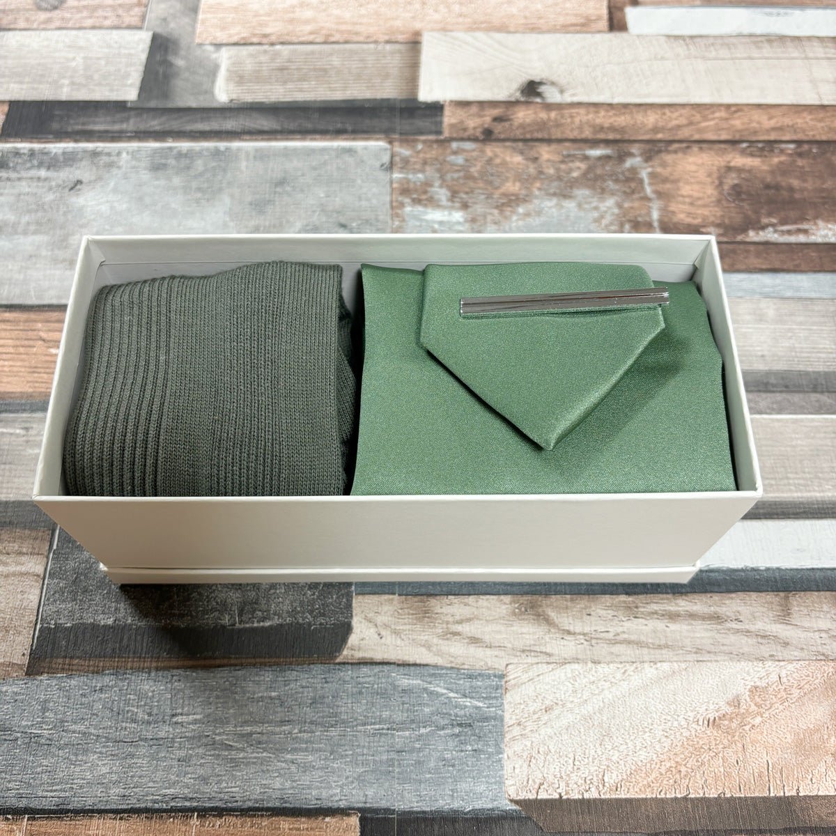 Dark Sage Boxed Gift Set - Gift Sets - Regular Tie with Socks & Pocket Square - Boxed Set with Tie Bar - Save £7.50 - Swagger & Swoon