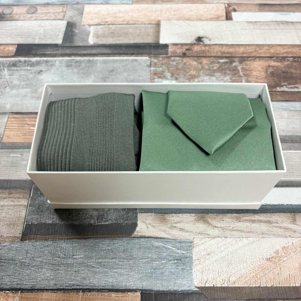 Dark Sage Boxed Gift Set - Gift Sets - Regular Tie with Socks & Pocket Square - Boxed Set - Save £5.00 - Swagger & Swoon