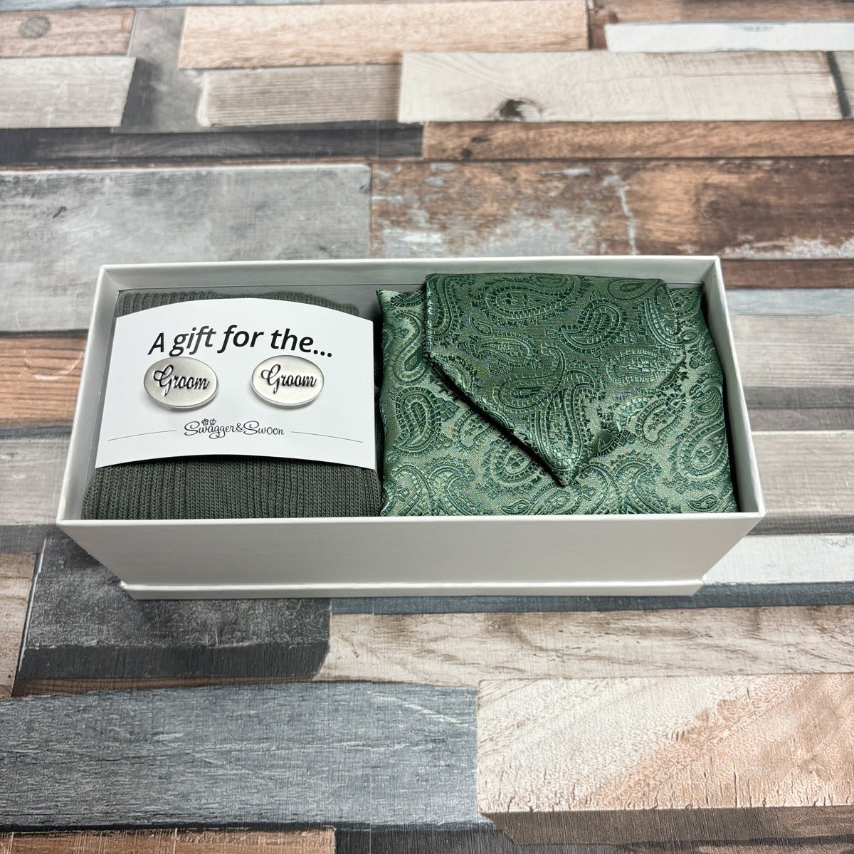 Dark Sage Paisley Boxed Gift Set - Regular Tie with Socks & Pocket Square - Boxed Set with Cufflinks - Save £10 - Swagger & Swoon