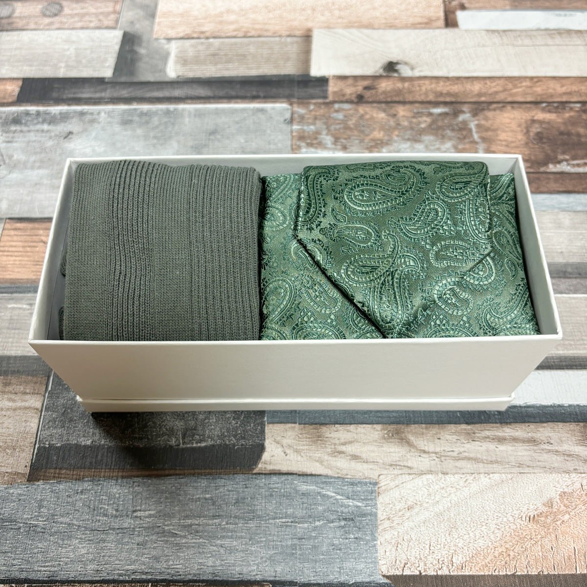 Dark Sage Paisley Boxed Gift Set - Regular Tie with Socks & Pocket Square - Boxed Set - Save £5.00 - Swagger & Swoon