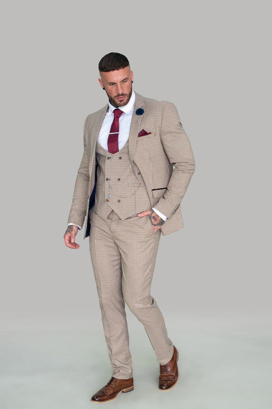 Elwood Beige Houndstooth 3 Piece Wedding Suit - Suits - 