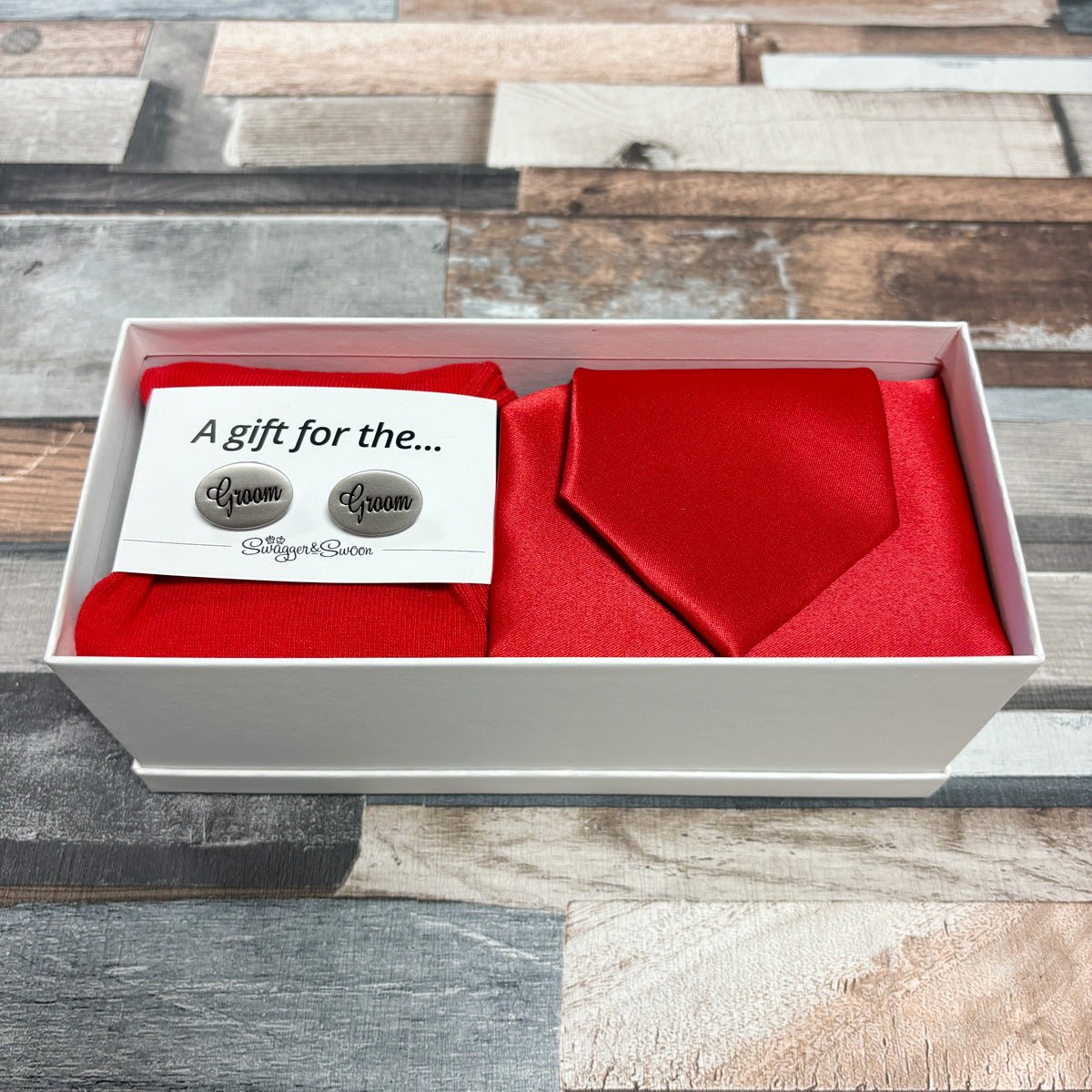 Flame Red Boxed Gift Set - Gift Sets - Regular Tie with Socks & Pocket Square - Boxed Set with Cufflinks - Save £10 - Swagger & Swoon