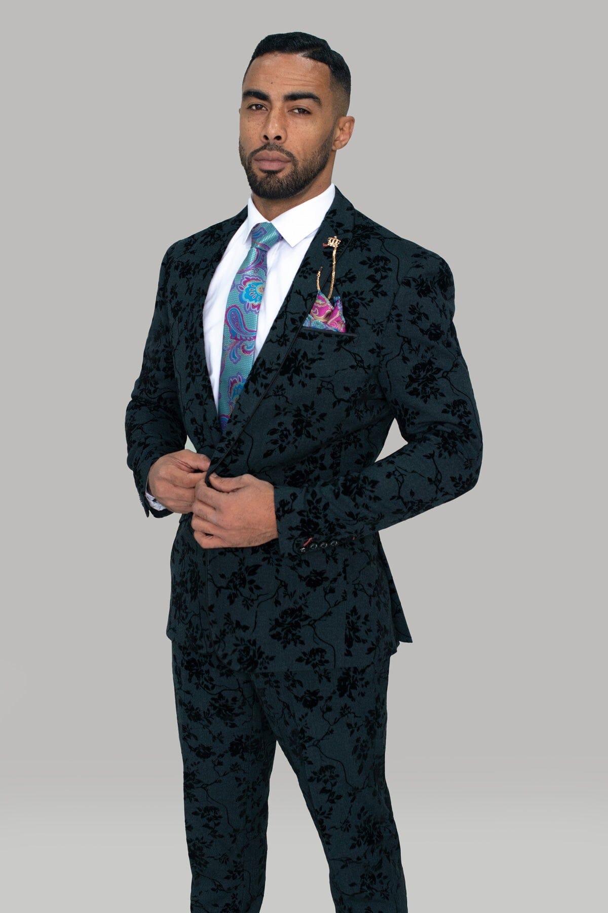 Georgi Black Floral 3 Piece Wedding Suit - Suits - 