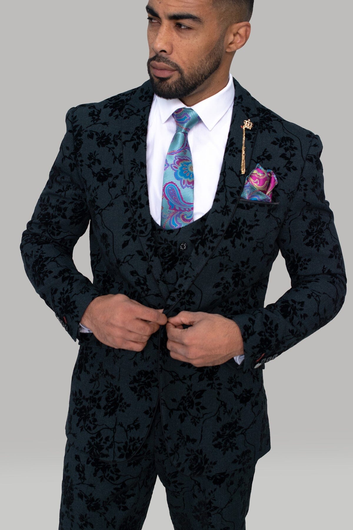 Georgi Black Floral 3 Piece Wedding Suit - Suits - 