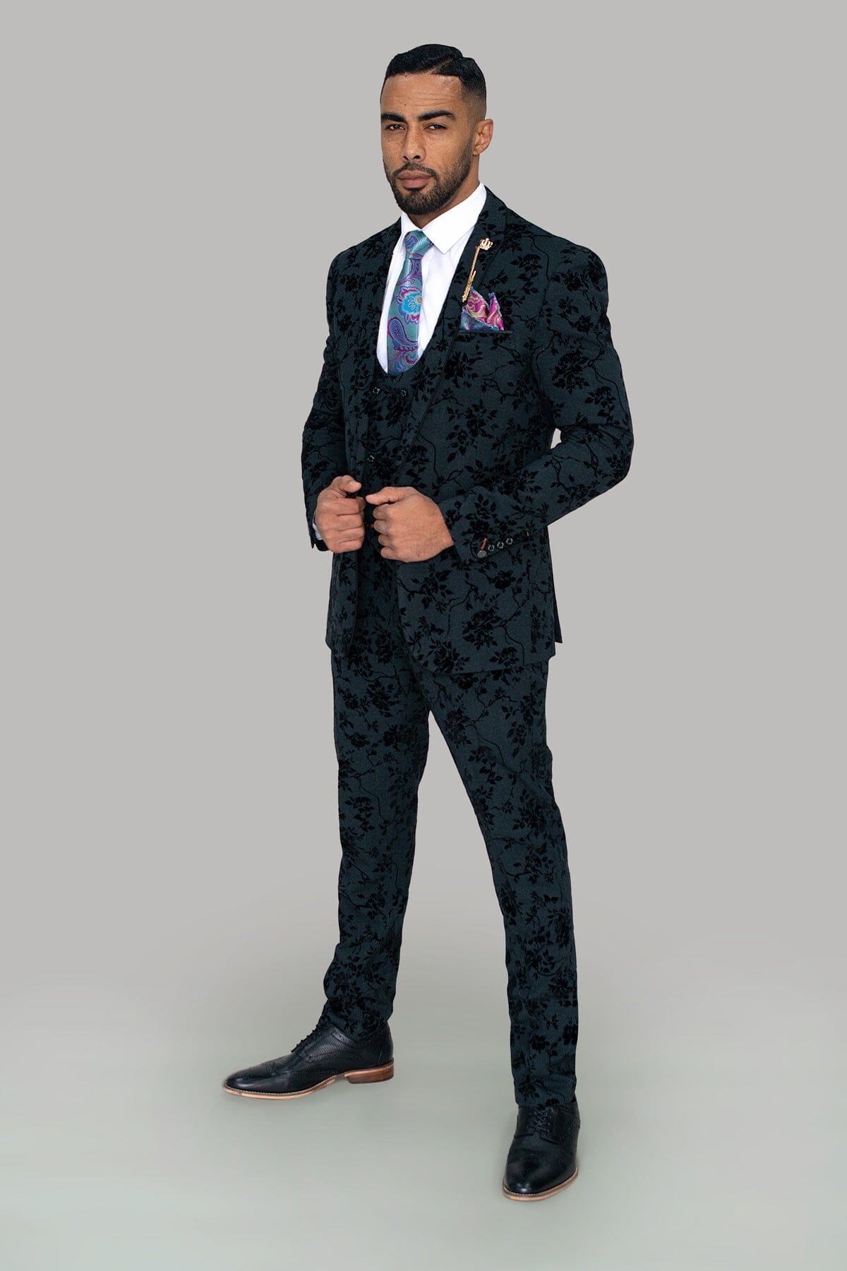 Georgi Black Floral 3 Piece Wedding Suit - Suits - 