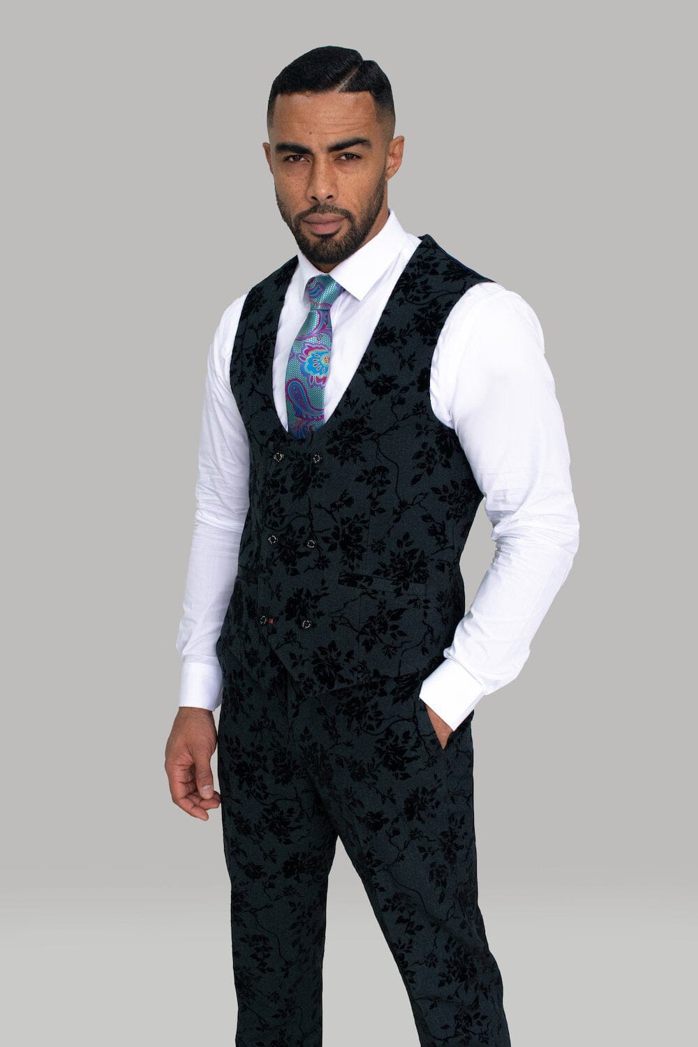 Georgi Black Floral 3 Piece Wedding Suit - Suits - 