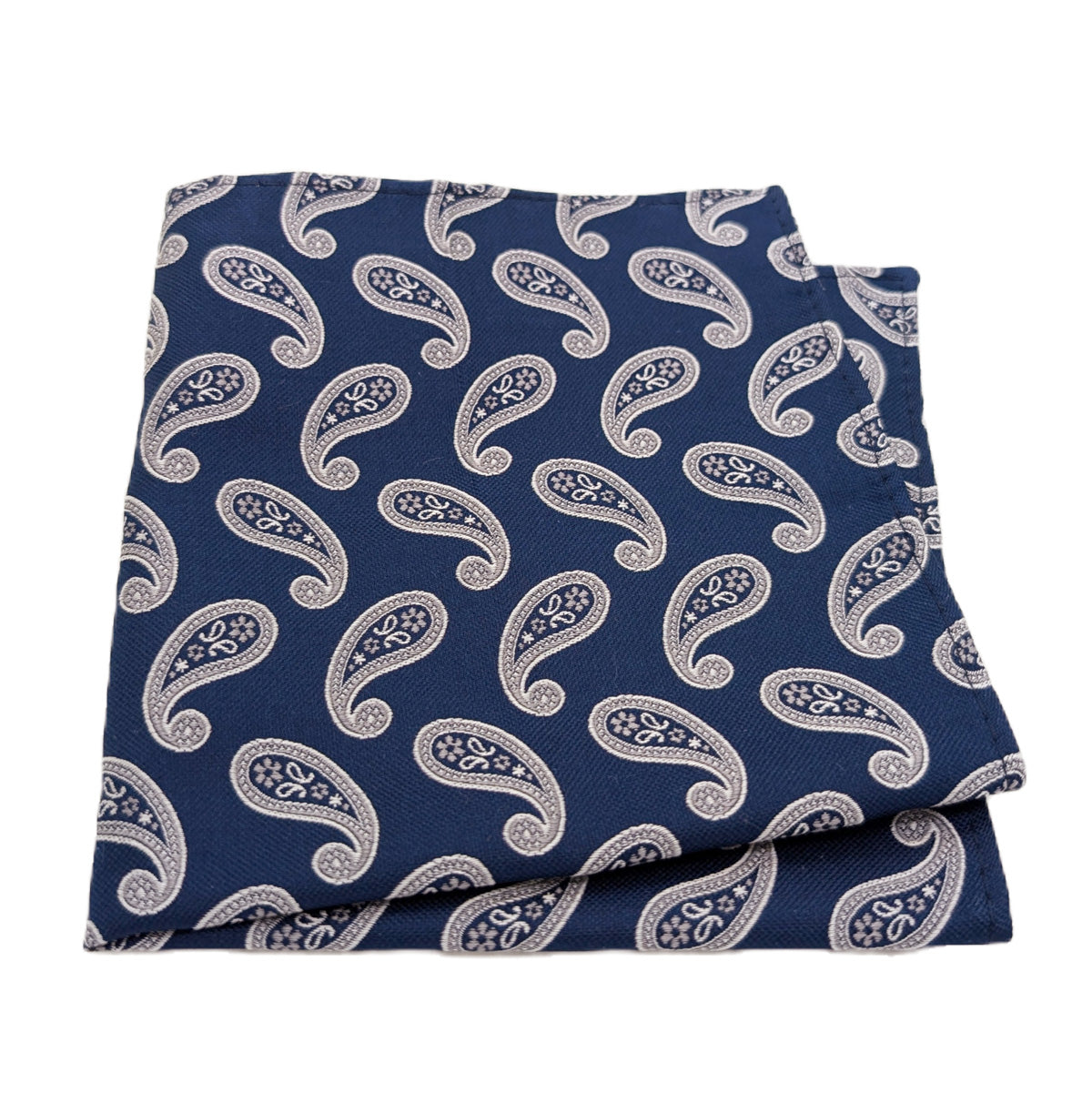 Navy & Silver Paisley Silk Pocket Square