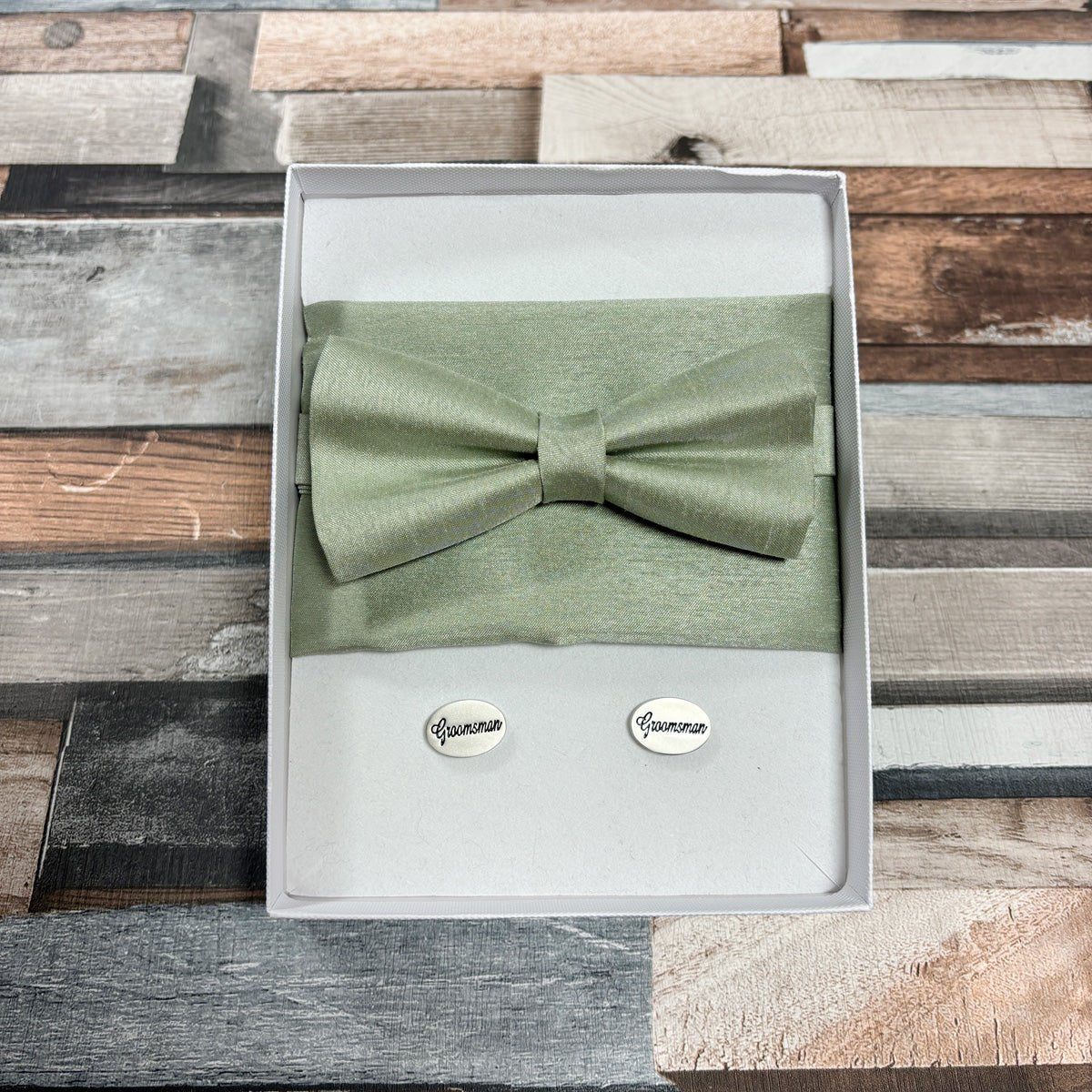 Light Sage Shantung Groomsmen Proposal Box - Pre - Tied Bow Tie - Groomsman - Swagger & Swoon