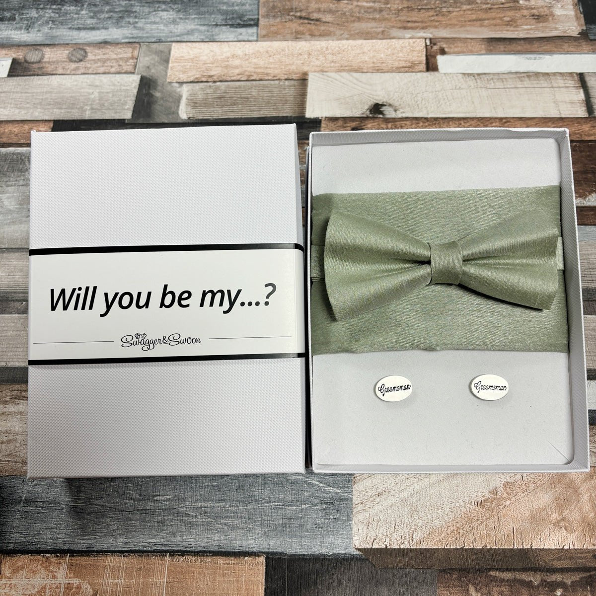 Light Sage Shantung Groomsmen Proposal Box - Regular Tie - Groomsman - Swagger & Swoon