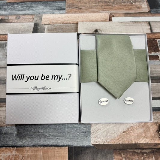 Light Sage Shantung Groomsmen Proposal Box - Regular Tie - Groomsman - Swagger & Swoon