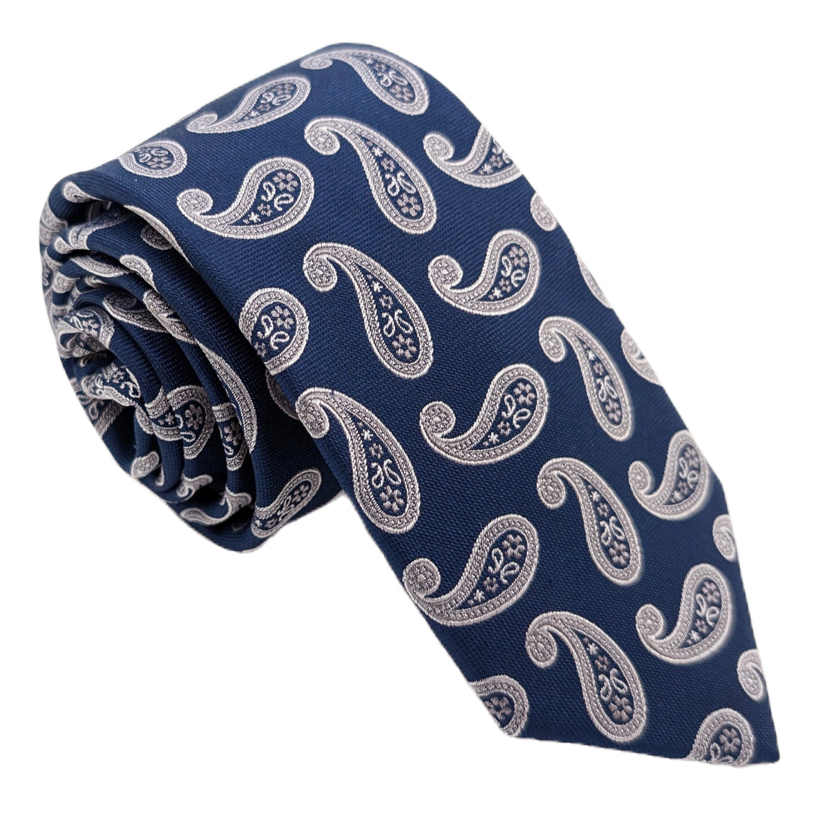 Navy & Silver Paisley Silk Wedding Tie