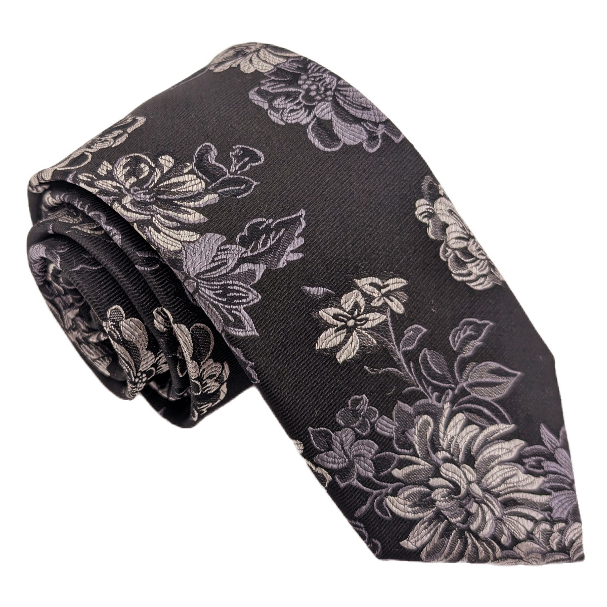 Black & Silver Floral Silk Wedding Tie