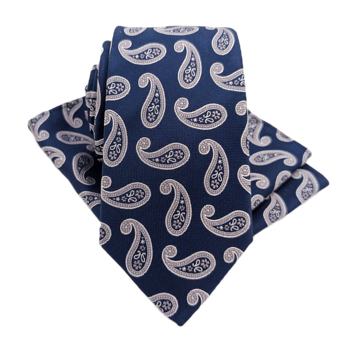 Navy & Silver Paisley Silk Pocket Square